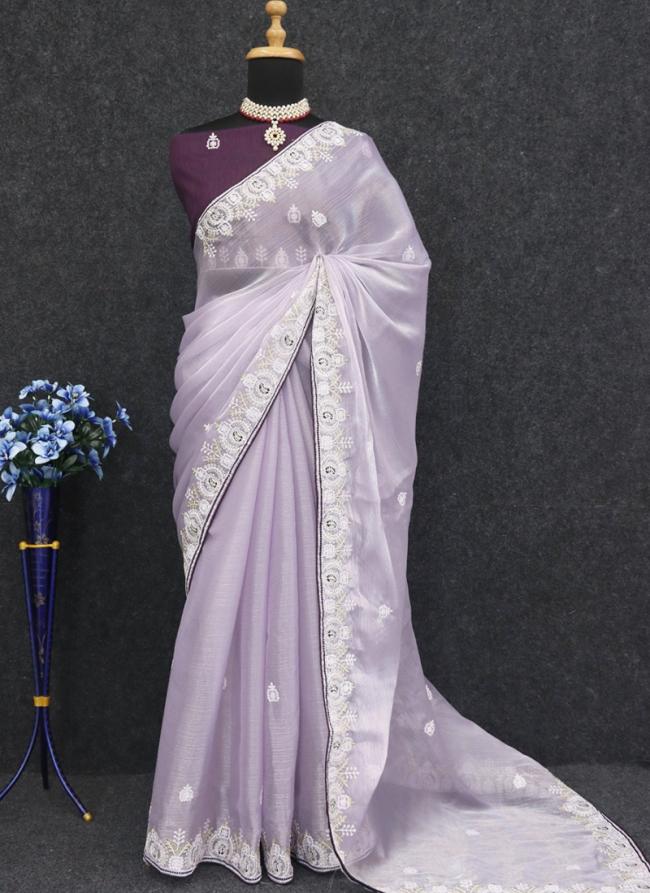 Burberry Silk Lilac Wedding Wear Embroidery Work Saree